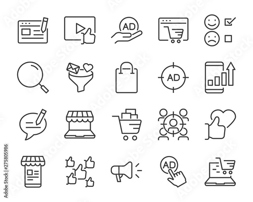 set of marketing icons, such as strategy, planning, service, campaign, customer target, social media ads