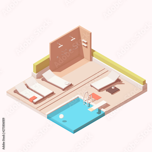 Vector isometric hotel resort outdoor pool lounge with shower and pool chaise lounges
