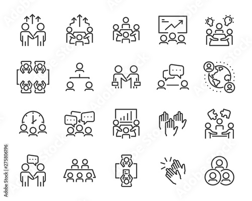 set of meeting icons, such as group, team, people, conference, leader, discussion