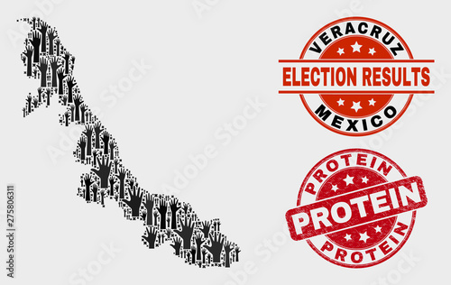 Election Veracruz State map and stamps. Red rounded Protein grunge stamp. Black Veracruz State map mosaic of raised election arms. Vector composition for referendum results, with Protein seal stamp.