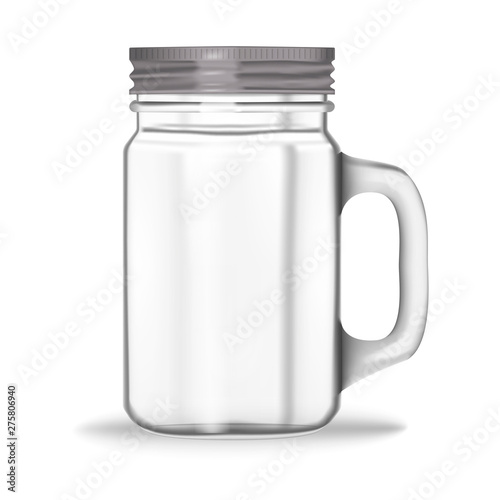 Glass jar with handle and screw metal lid isolated on white background, vector mockup. Clear drinking mug