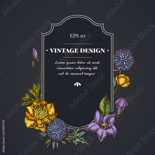 Dark badge design with bellflower, globethistle, globeflower