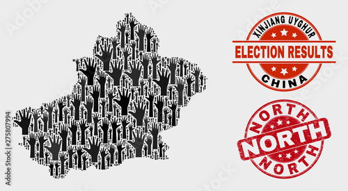 Election Xinjiang Uyghur Region map and seal stamps. Red rounded North grunge stamp. Black Xinjiang Uyghur Region map mosaic of raised up election hands. Vector collage for referendum results,