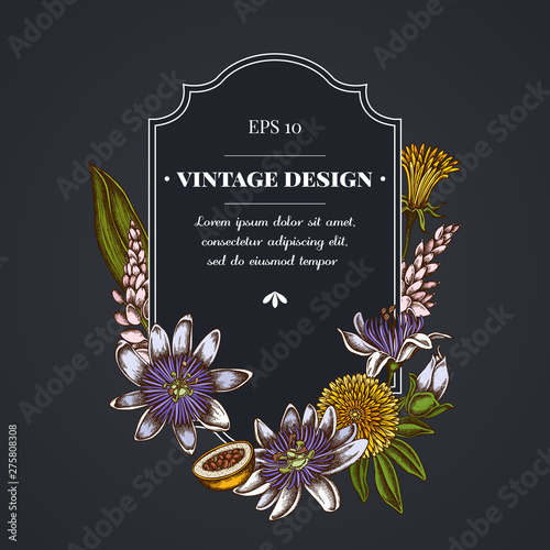 Dark badge design with dandelion, ginger, passion flower