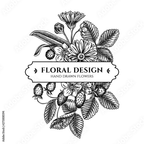 Floral bouquet design with black and white calendula, lily of the valley, strawberry