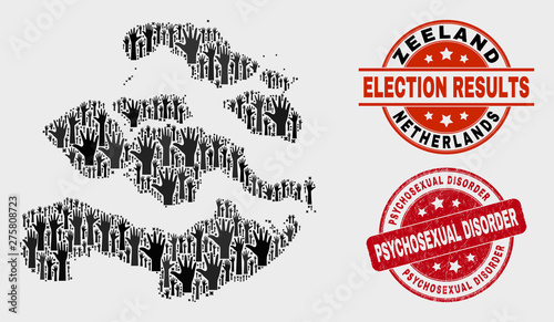 Electoral Zeeland Province map and seal stamps. Red rounded Psychosexual Disorder distress seal. Black Zeeland Province map mosaic of raised solution hands. Vector combination for referendum results,