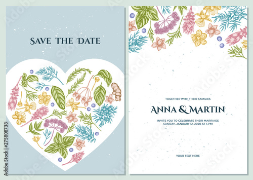Wedding invitation card with pastel angelica, basil, juniper, hypericum, rosemary, turmeric