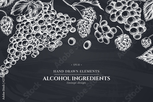 Floral design with chalk grapes, hop