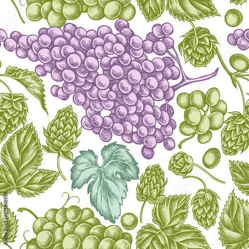 Fototapeta Naklejka Na Ścianę i Meble -  Seamless pattern with hand drawn pastel grapes, hop