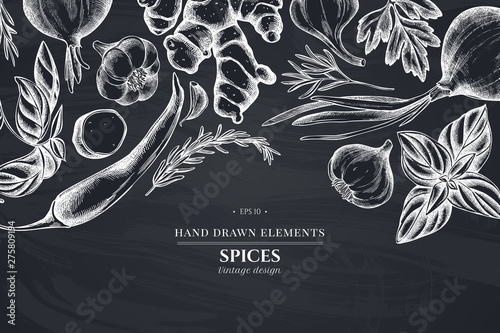 Floral design with chalk onion, garlic, pepper, greenery, ginger, basil, rosemary
