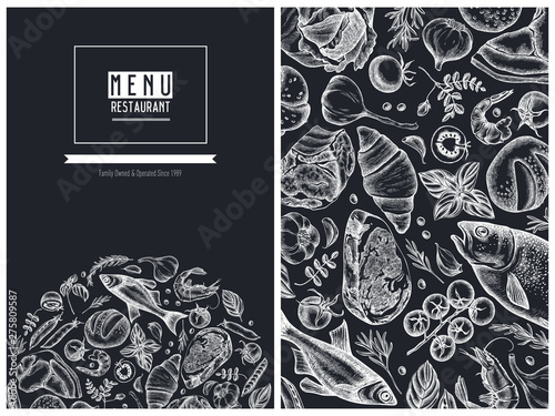 Menu cover floral design with chalk garlic, cherry tomatoes, peas, fish, shrimp, cabbage, beef, buns and bread, croissants and bread, basil, rosemary