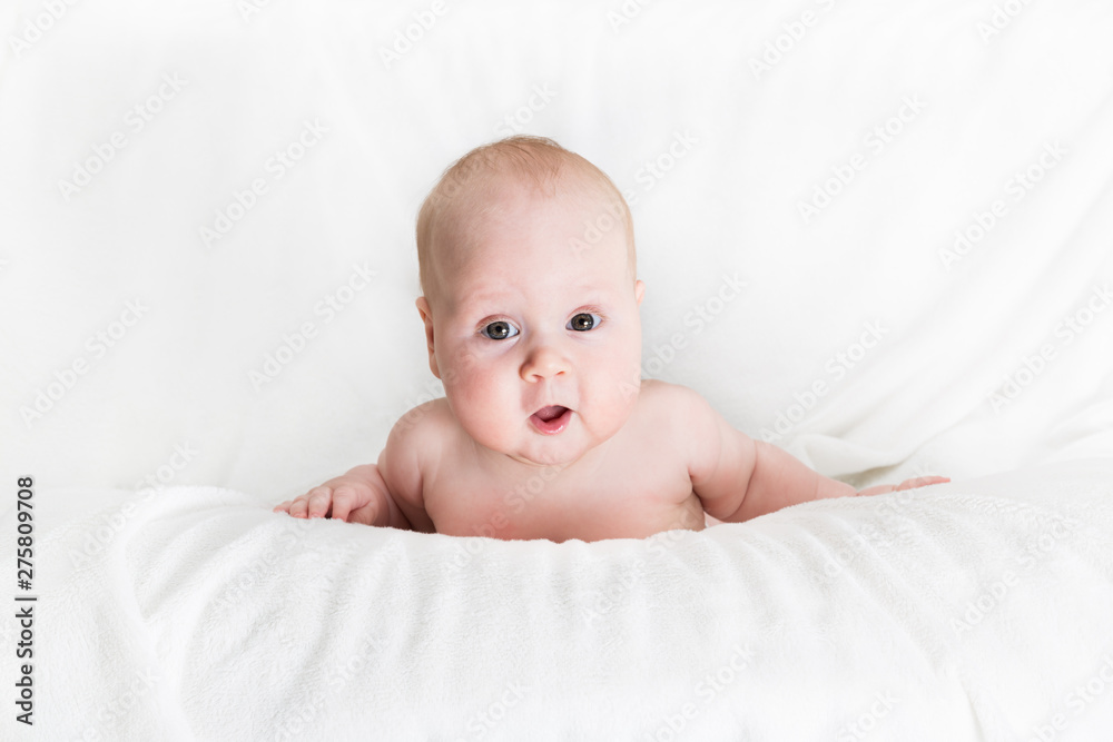 four month old baby peeking out of the white surface four month old baby peeking out of the white surface