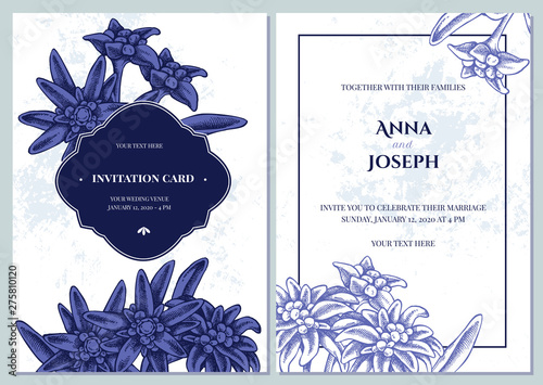Wedding invitation card with blue and white edelweiss