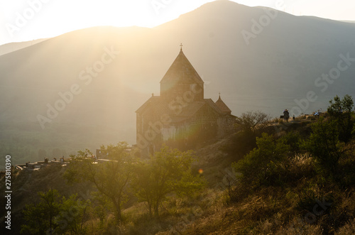 old Sevanavanq monastery in Sevan, Armenia while sunset