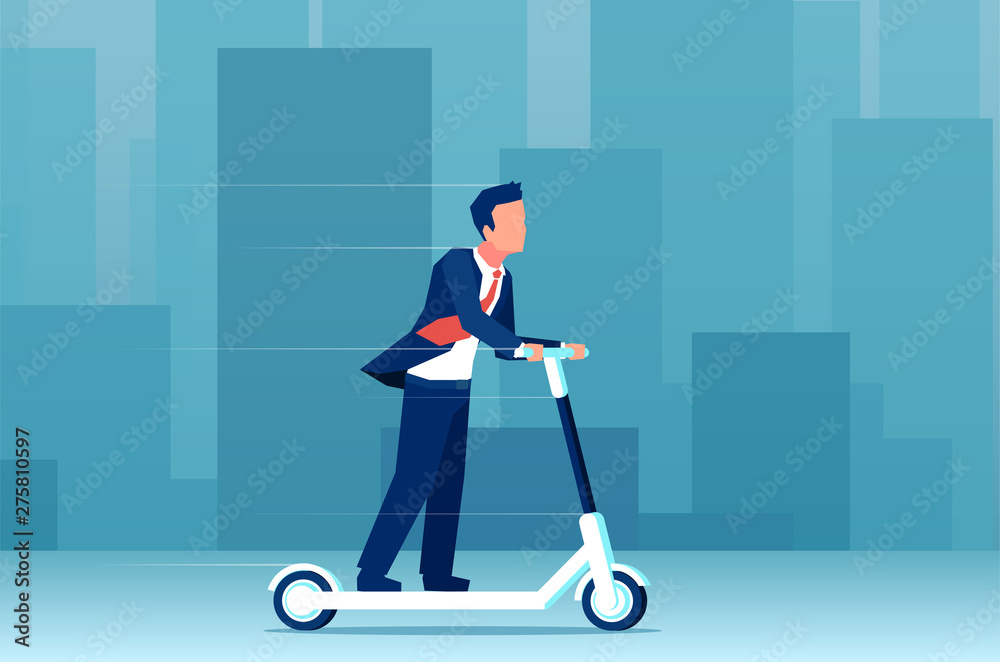 Vector of a young business man riding an electric scooter on a modern cityscape background.