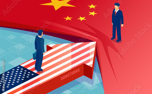 Vector of two opposing flags, businessmen, trading partners as symbol of economic dispute.