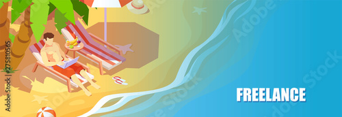 Vector of a young man working on laptop on the beach feeling relaxed