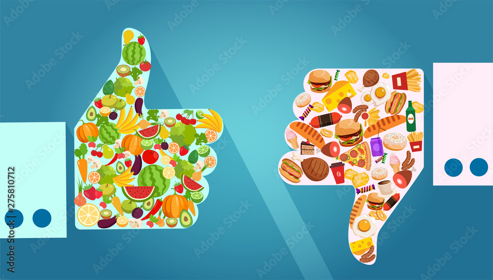 Vector of vegetables, fruits and unhealthy fast food comparison with ...