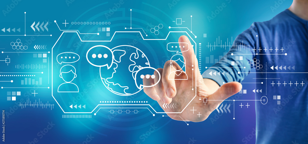 Learning Language concept with a man on a blue background Learning Language concept with a man on a blue background