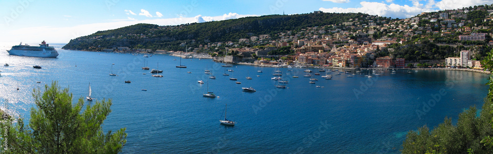 Panoramic view of Villefranche-sur-Mer in the French Riviera, Fr