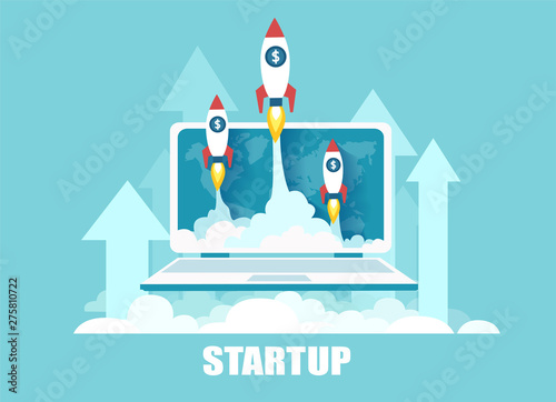 Vector of rockets flying out of laptop screen as a symbol of successful online startup © Feodora