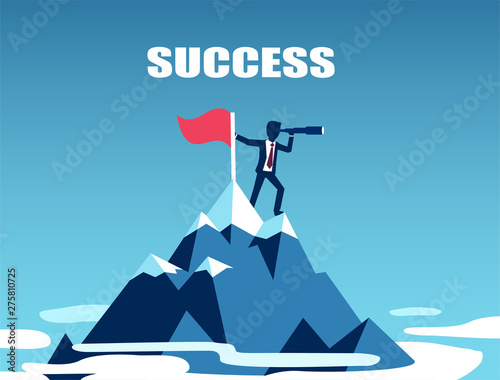 Vector of a businessman standing on top of the mountain looking for success
