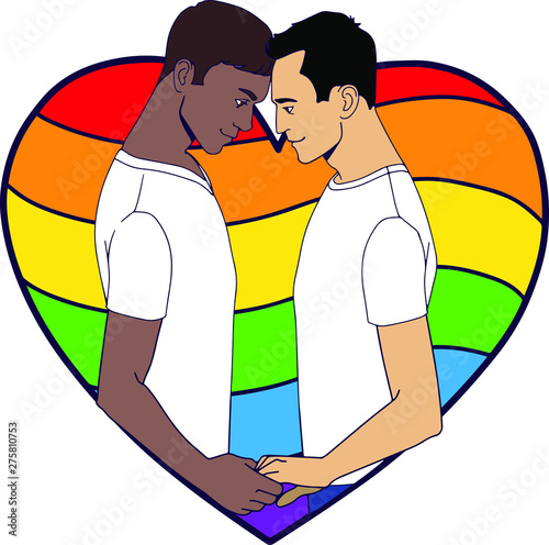 Vector design of a young gay couple in love. Two men are holding hands on rainbow heart background. LGBTQ+ people