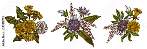 Flower bouquet of colored dandelion, ginger, passion flower