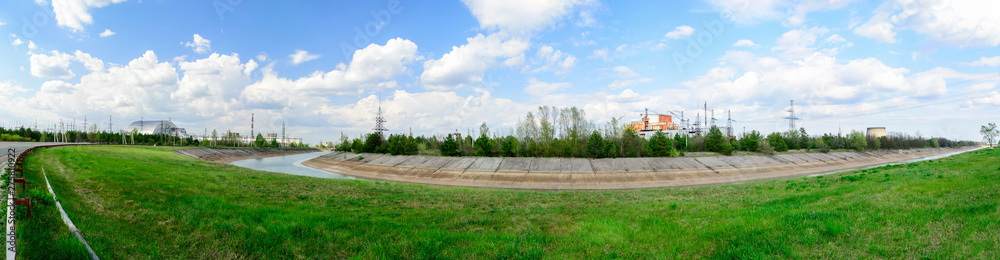 Panorama near the Chernobyl nuclear power plant. The first second third and fourth power units. Arch confinement.