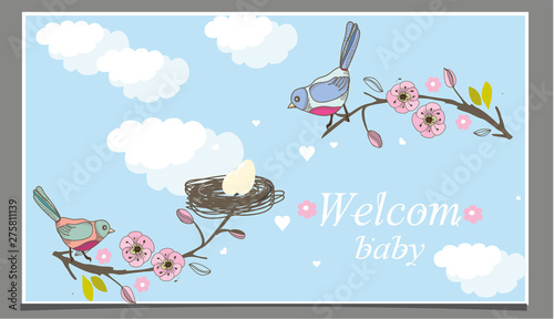 bright beautiful background with birds and nest in the clouds on the branches, with colors and text welcome baby