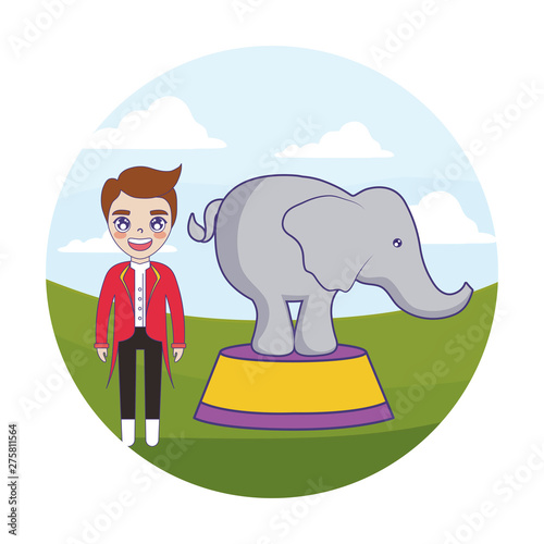 circus animal tamer male with elephant in frame circular