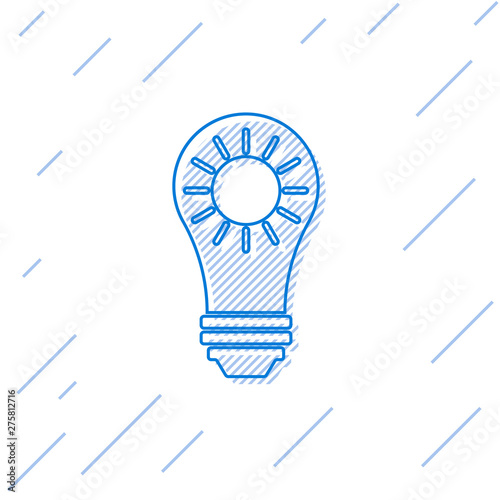 Blue Solar energy panel line icon isolated on white background. Sun and light bulb. Vector Illustration