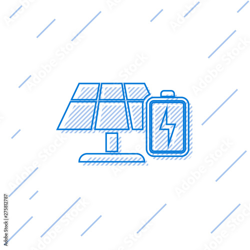 Blue Solar energy panel and battery line icon isolated on white background. Vector Illustration