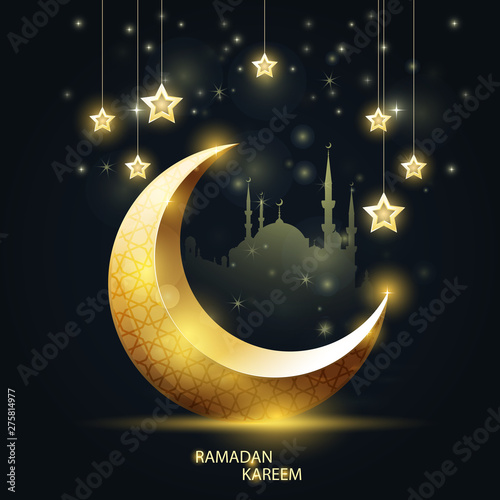 Ramadan Kareem - islamic crescent and mosque silhouette, hanging stars