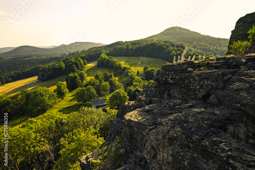 Aerial view of castle ruins Tolstejn with beautiful view to Luzicke hory. Czech republic 
