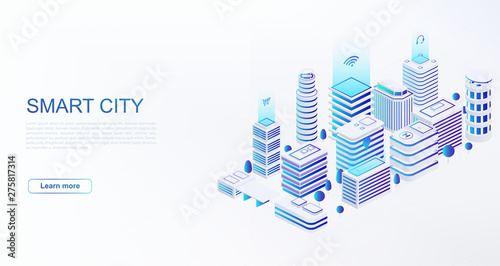 Smart city with intelligent buildings connected to computer network. Concept of building automation, smart home control.