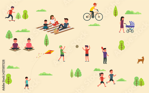 Public park with people, riding bicycle skateboard, walking the dog in park, yoga sessions, family outdoor recreation with a picnic, ball games, walk with baby in stroller.