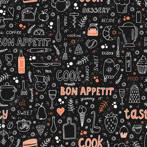 Doodle style illustration wiht food and cooking utensil. Seamless pattern with different symbols.