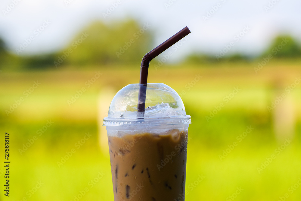 Ice coffee with blur background, Iced espresso, Cold drink in summer. Ice coffee with blur background, Iced espresso, Cold drink in summer.