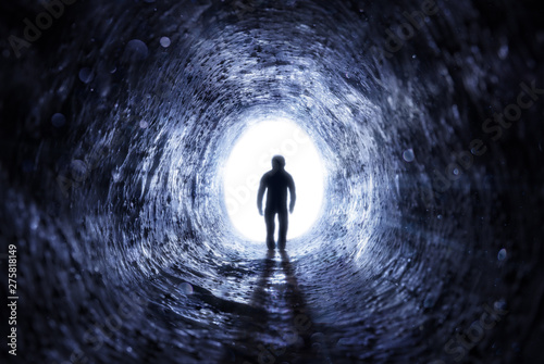 Fényképezés Senior Man Walking To The Light At The End Of The Tunnel - Hope After Life