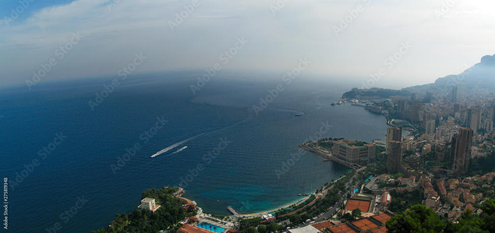 Aerial Panoramic view of Monaco, France and the Mediterranean sea / Cote d'Azur