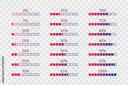 Percentage vector symbols. 5 10 15 20 25 30 35 40 45 50 55 60 65 70 75 80 85 90 95 100 0 percent square charts on transparent background. Icons set for web, design, download, progress