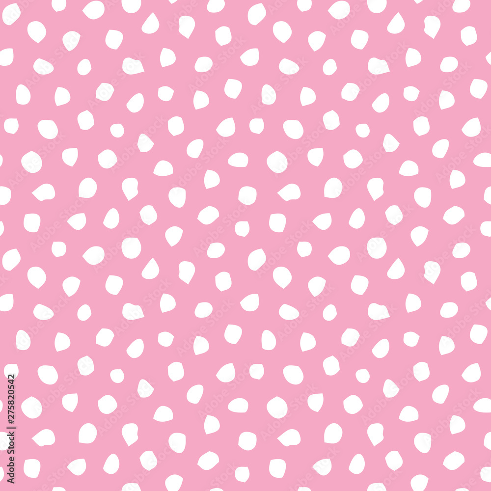 Cute seamless vector background pattern with hand drawn doodle dots in white on pink. For baby girls, Birthday, wallpaper, home decor, scrapbook, textiles, gift wrapping paper, surface textures.