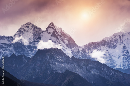 View of Mount Kangtega in Himalaya mountains at sunset. Khumbu valley, Everest region, Nepal