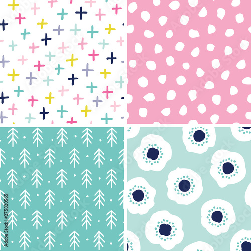 Vector set of 4 seamless abstract backgrounds in pink and mint. Minimal scandinavian style designs for girls, baby shower, Birthday, scrapbook, cards, textiles, gift wrapping paper, surface textures.