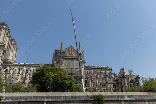 Paris, FRANCE - June 27, 2019: Cath drale Notre-Dame de Paris construction and refurbishment rebuild work ongoing after 2019 fire