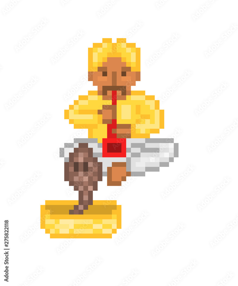Male indian snake charmer in yellow costume and turban sitting and playing pungi to hypnotize a cobra in a basket, 8 bit pixel art character isolated on white. Retro video game/slot machine graphics. Male indian snake charmer in yellow costume and turban sitting and playing pungi to hypnotize a cobra in a basket, 8 bit pixel art character isolated on white. Retro video game/slot machine graphics.