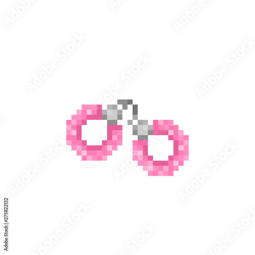 Pink fluffy furry handcuffs, pixel art icon isolated on white background. Role play device. Sex shop logotype. Romantic bdsm toy for adults. 18+ accessory.