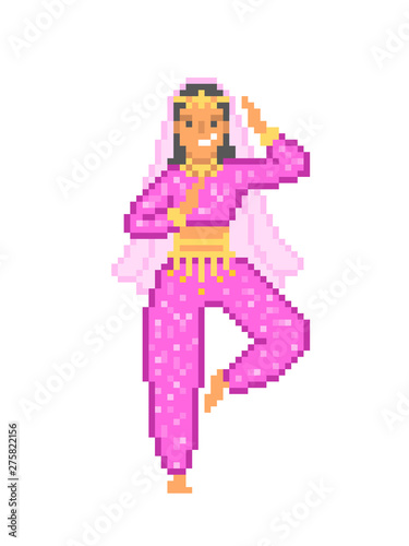 Indian/arabic belly dancer woman in a pink costume, 8 bit pixel art icon isolated on white background. Old school vintage 2d video game/slot machine graphics.