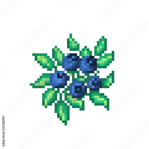 Blueberry shrub with leaves, pixel art icon isolated on white background. 8 bit bilberry bush symbol. Northern berry sign. © Ksenia